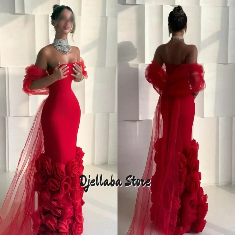 

Customized High Quality Intricate Jersey Handmade Flower Pleat Column Off-the-shoulder Long Dresses Bespoke Occasion Dresses