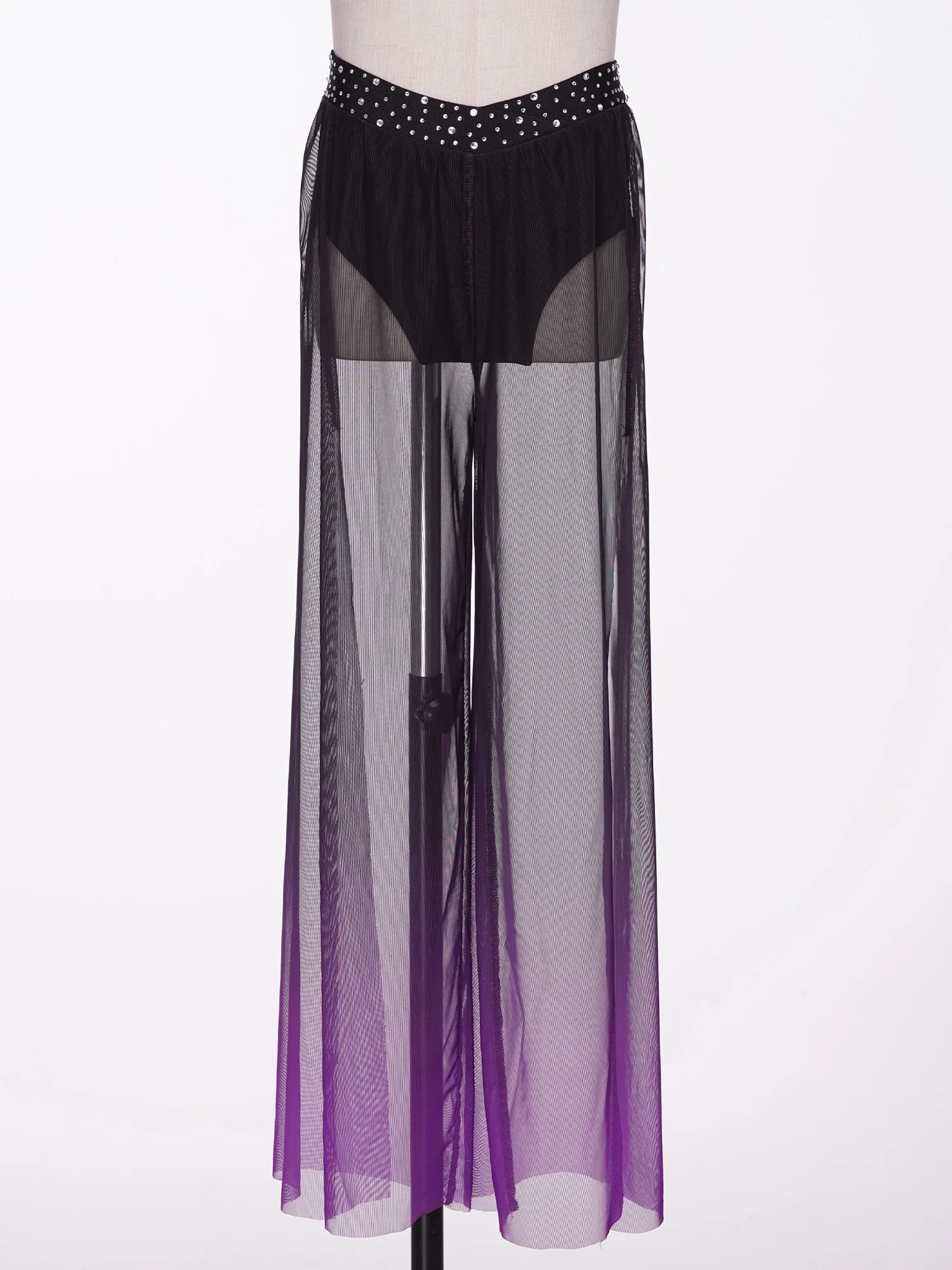 Kids Girls Elegant Lyrical Dance Costume Childs Slit Wide-leg Mesh Pants Gradient Color Pants V-front Trousers Modern Dancewear