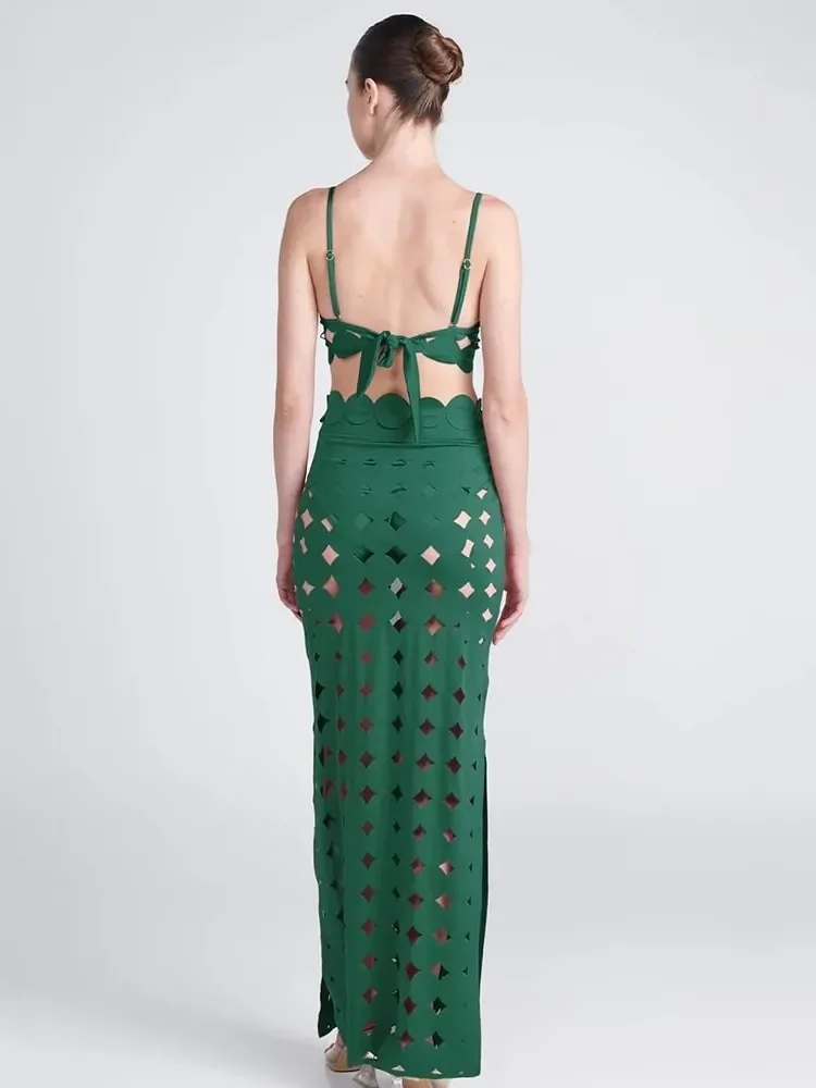 Bikini verde Retro, traje de baño de una pieza estampado a la moda y cubierta con falda ajustada, vendaje para mujer, playa de verano, elegante de lujo