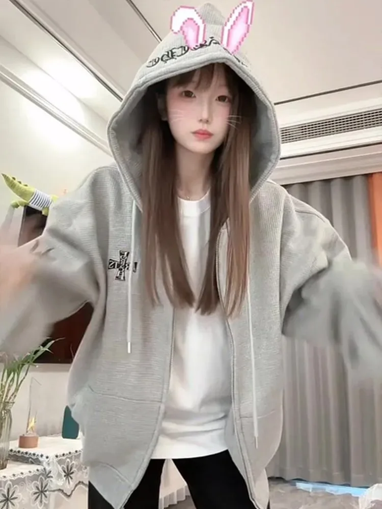 Doux Cool épicé fille brodé collège américain Sle ouvert Cardigan sweat femmes Fce nouveau ample à capuche Jaet