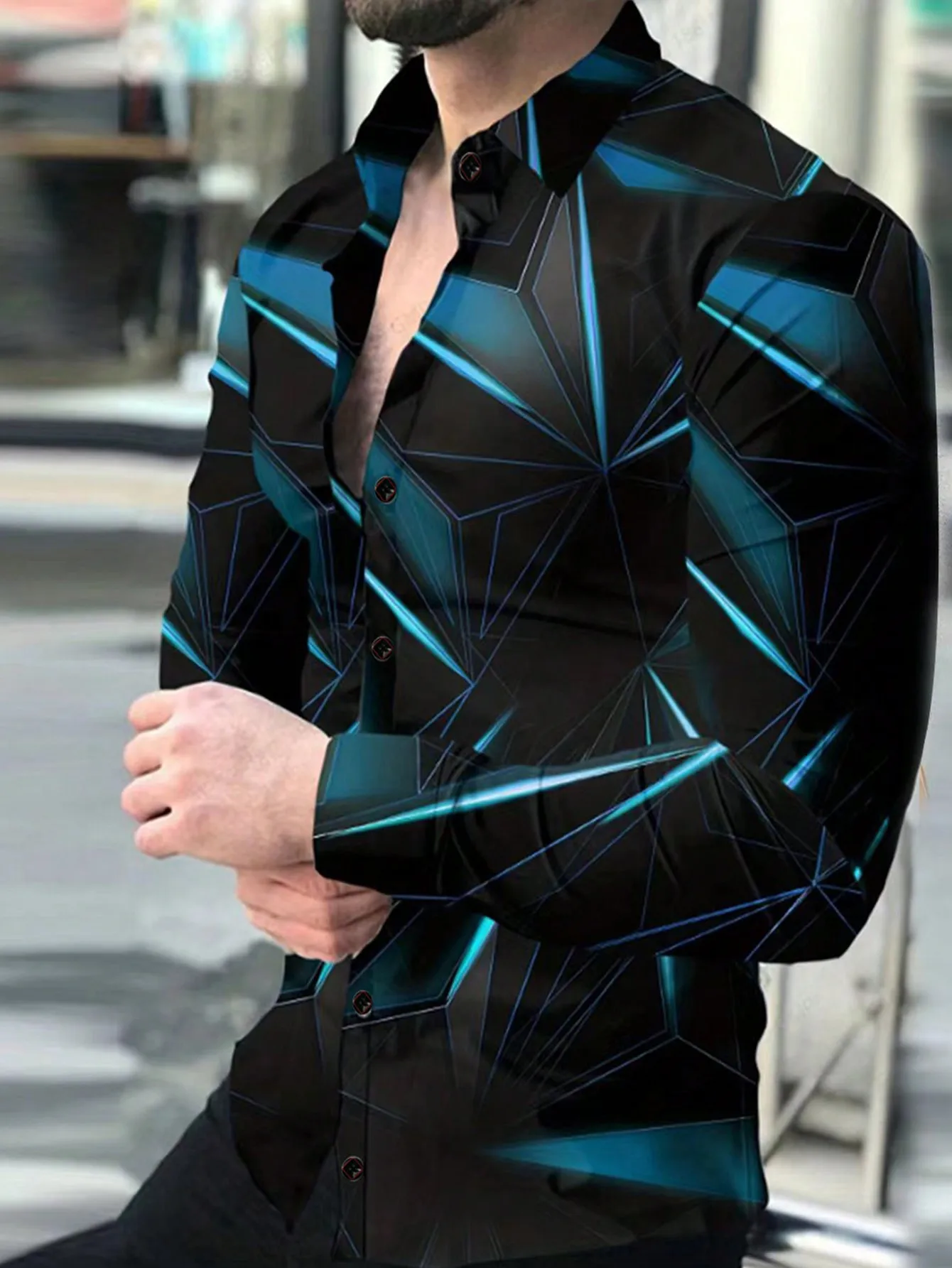 

Men's Black Long Sleeve Shirt with Blue Geometric Graphic Print, Casual Style
