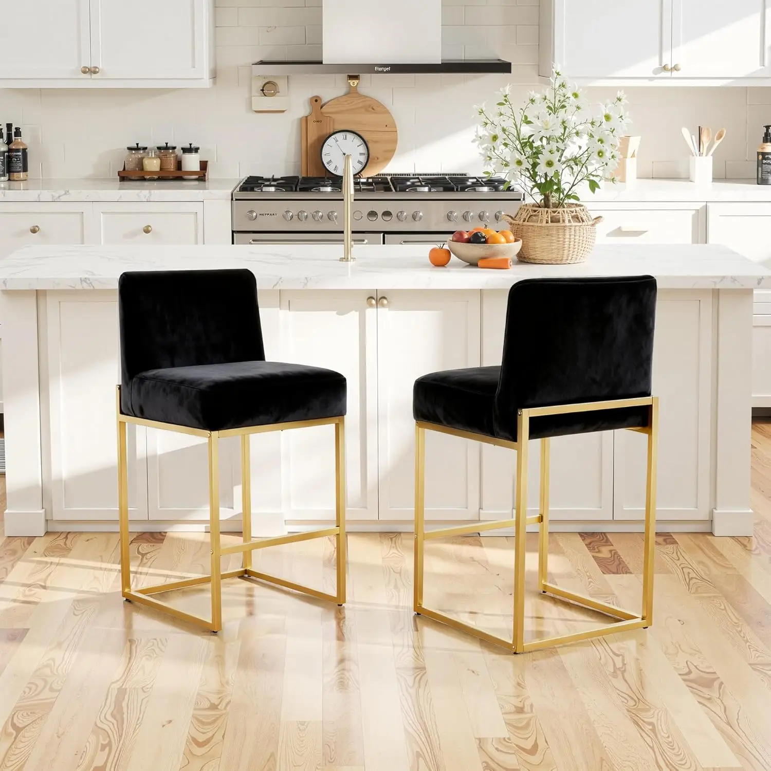 

Counter Height Bar stools,Black Bar stools Set of 2,26" Faux Leather Upholstered with Back,Sturdy Gold Metal, Customized