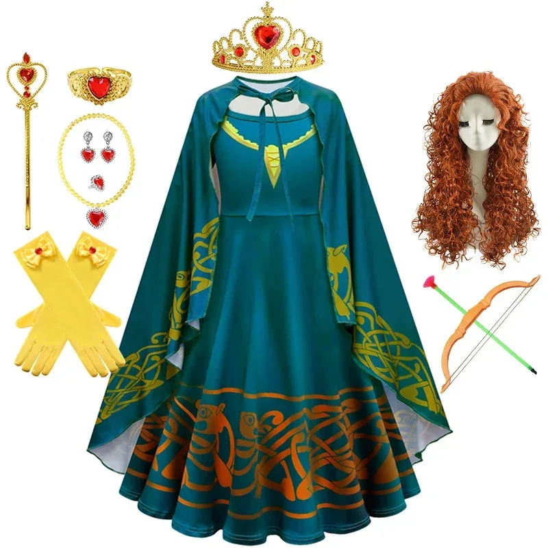 72th Anime Cosplay Cartoon Movie Girls Merida Dress Halloween Brave Princess Costume Children Green Velvet Long Sleeve