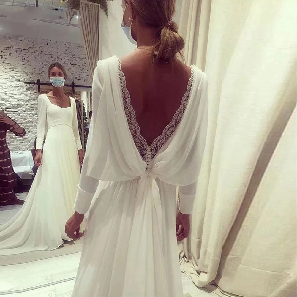 Exquisite Lace Appliques Wedding Dresses 2025 Backless Sleeves Buttons A Line Chiffon Bridal Gowns Vestidos De Novia