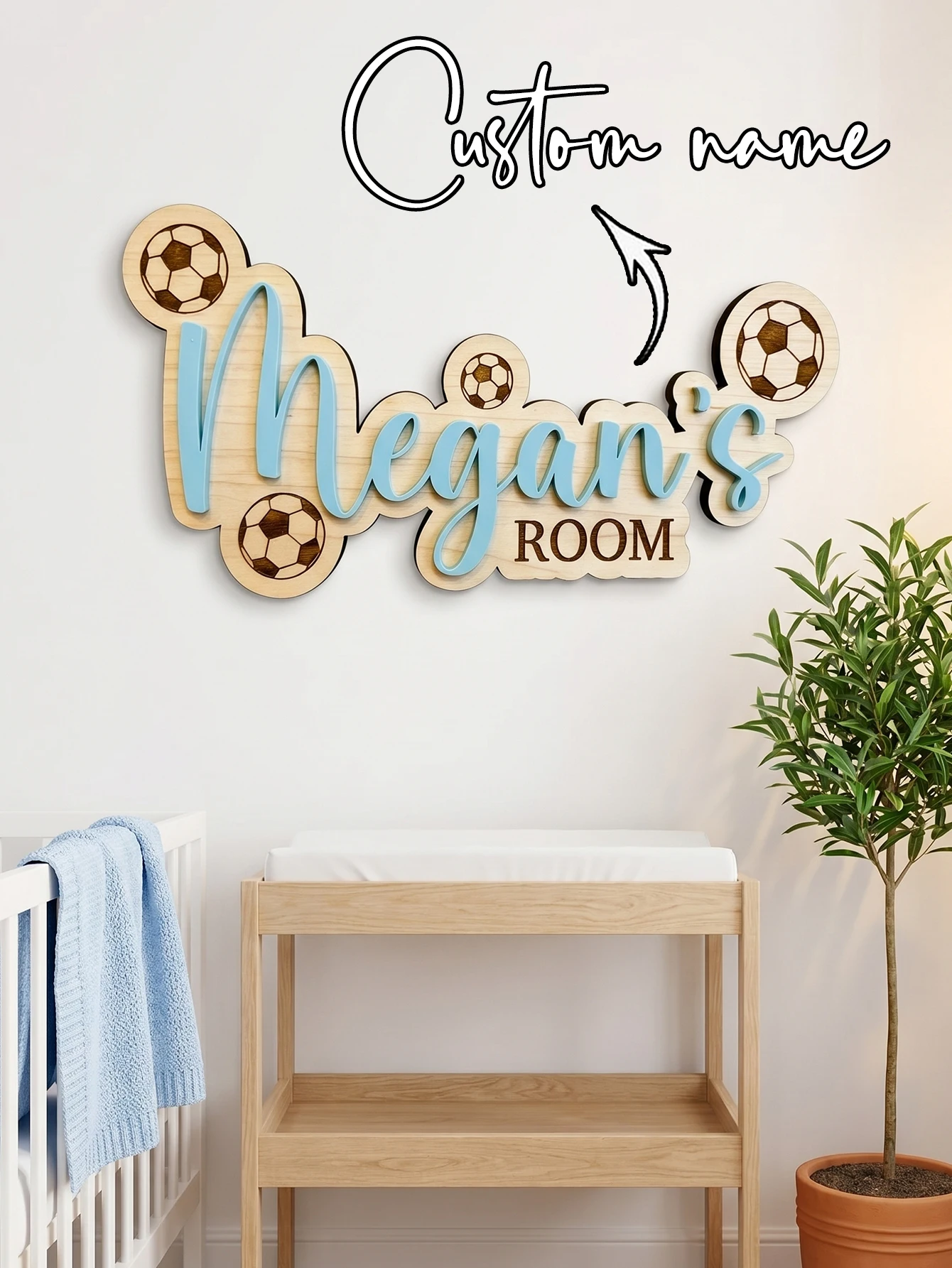Panneau mural 3D en bois personnalisé pour chambre de football, décoration murale pour chambre d'enfant garçon, signe de porte en bois pour amoureux du football, idéal pour baby shower