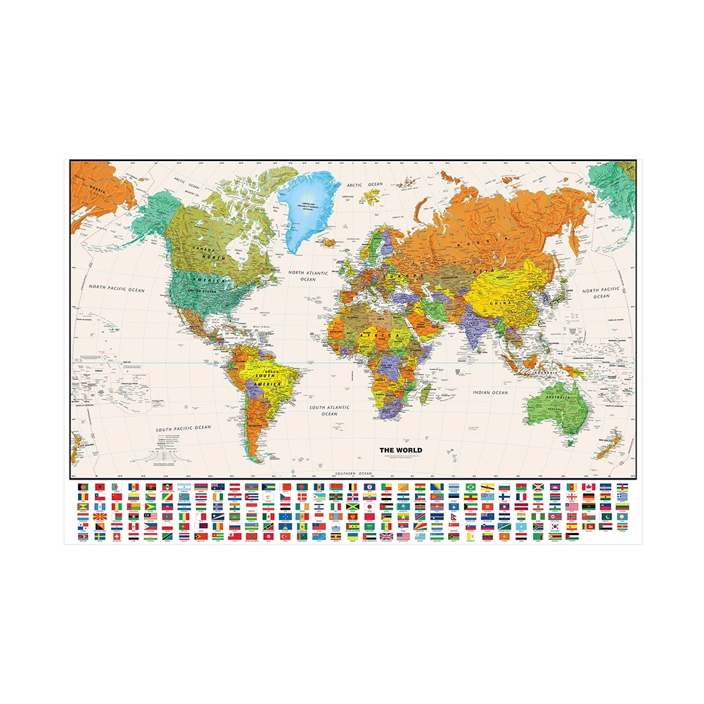 150x100cm World Map Large Poster Backdrop with Flag for Education and Culture Non-woven Spray Physical Map Painting Home Decor
