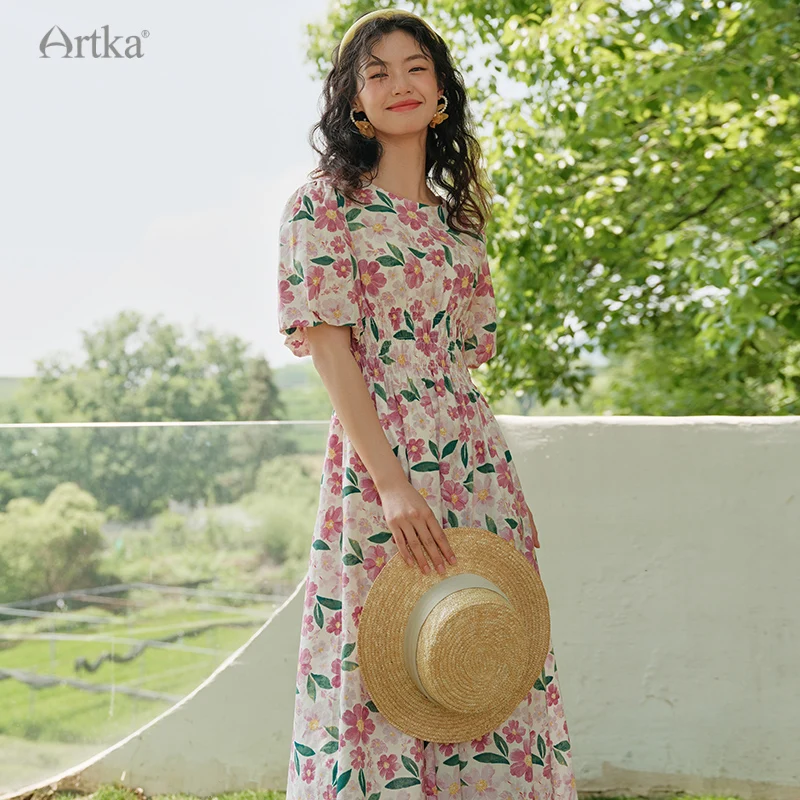 ARTKA 2023 Summer New Women Dress Elegant Loose Floral Prints Dresses O-Neck High Waist Puff Sleeve Long Dress Female LA29325X