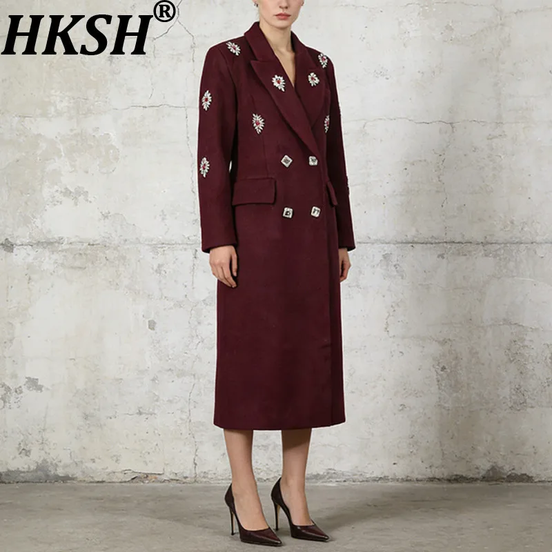 HKSH Women Trench Coat Studded Diamonds Double Breasted Slimming French High-End Long Jacket Windbreaker New Spring 2026 HK19625