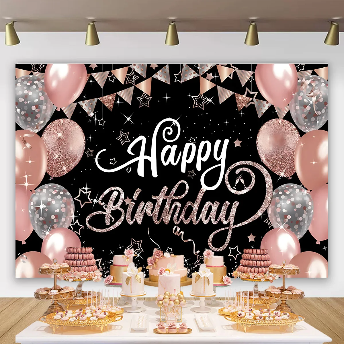 Birthday Party Backdrops Golden Blue Black Pink Balloon Cake Adult Customized Poster Baby Kid Banner Vinyl Backgrounds for Party