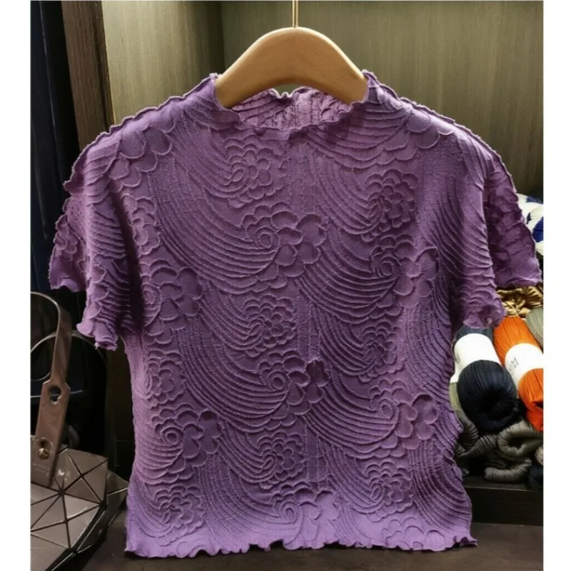 

Miyake Pleated T-Shirt 2026 Summer New Style Ruffled Edge Round Neck Short Sleeve Commuter Top Simple Women Lightweight Clothing