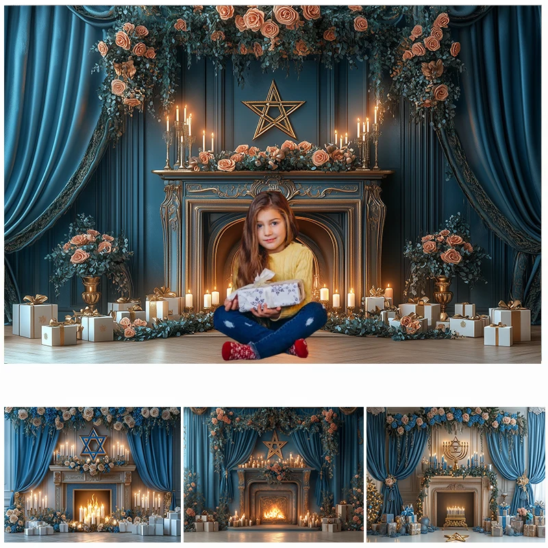 

LS Photography Background Christmas Fireplace Blue Curtain Flowers Xmas Tree Kids Family Portrait Decor Backdrop Photo Studio