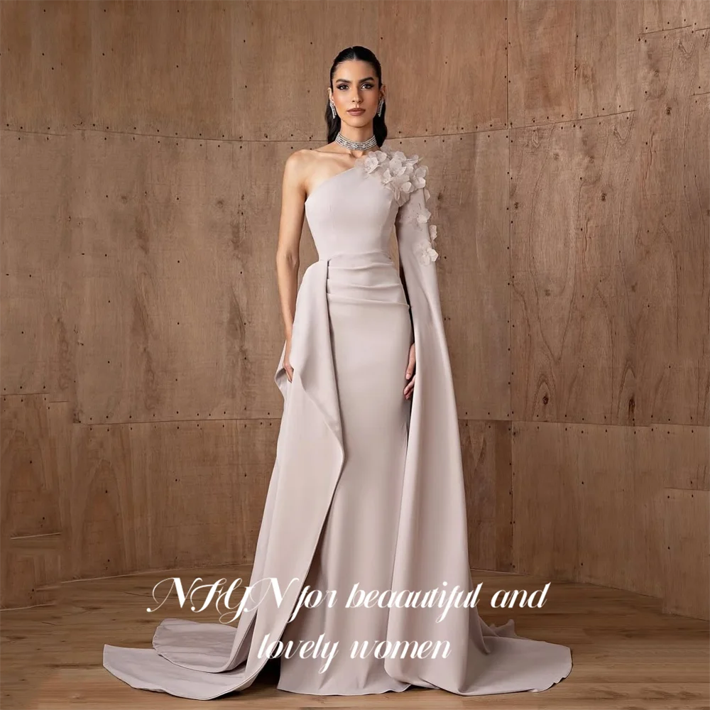 

NFYN Light Pink فساتين السهرة One Shoulder Prom Dresses with Floral Appliques Formal Dresses for Women Customized