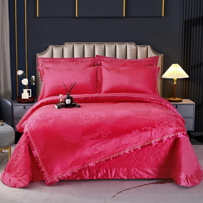Jacquard Satin Bedding Set Baroque Style with Pillowcases, 4pcs Duvet Cover Set King Queen Size for Home Decoration Pink Red
