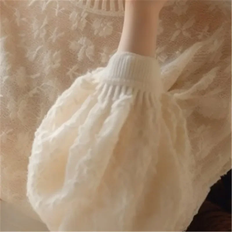 小さな香りの花の刺繍ニットプルオーバー女性ランタンスリーブシースルー中空ニットシャツ女性