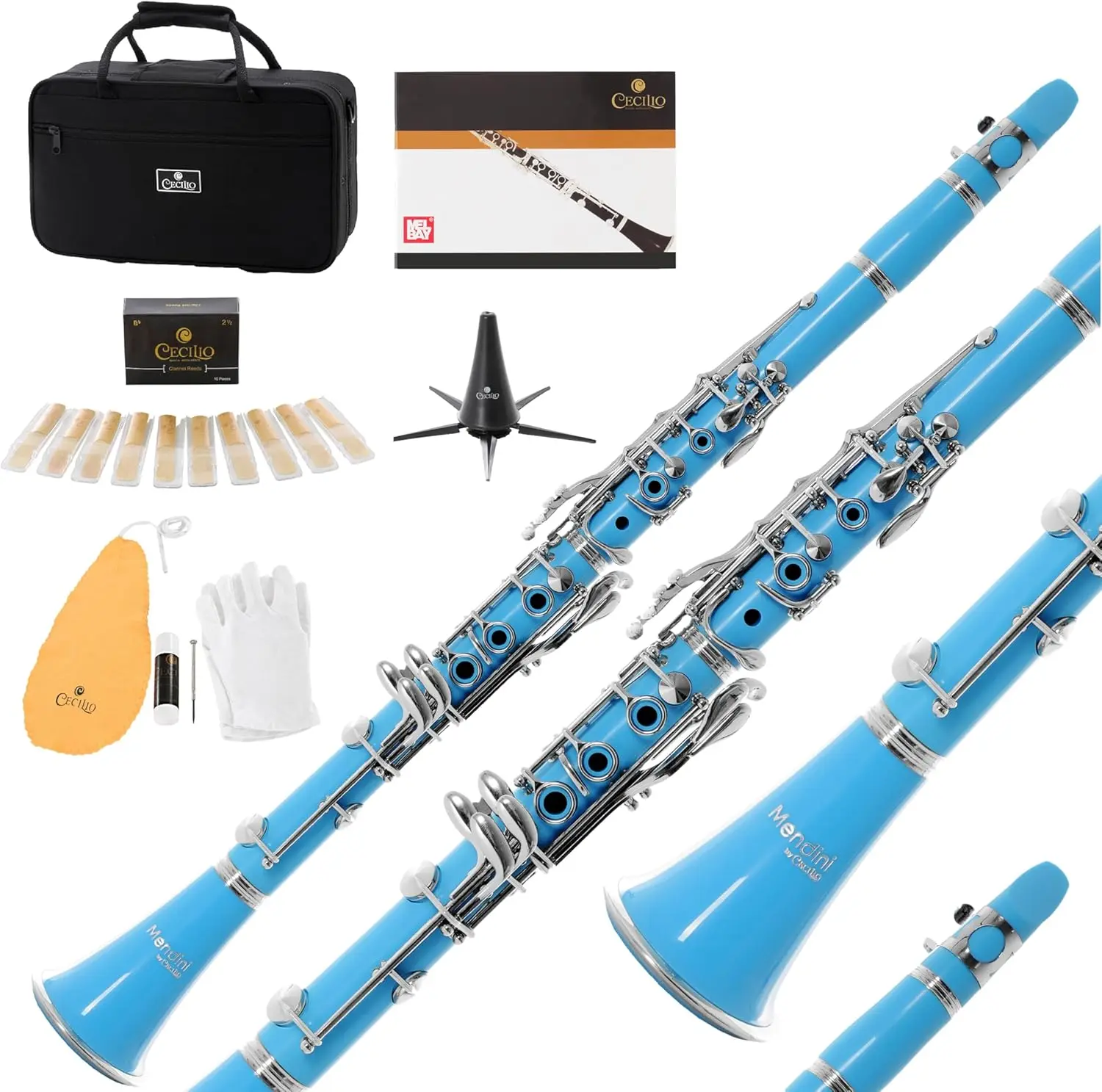 Beginner B Flat Clarinet with 10 Reeds, Hard Case, Stand in Light Blue - Easy to Play & Complete Set