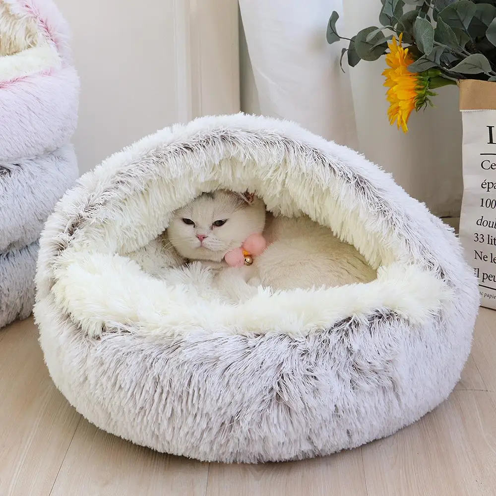 

Warm Plush Round Cat Bed Winter Long Plush Puppy Kitten Cushion House Pet 2 In 1 Sleeping Nest Kennel Soft For Small Cats Dogs