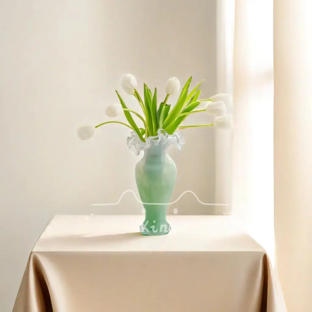 Ancient glazed glass flower arrangement in retro tall lily of the valley vase