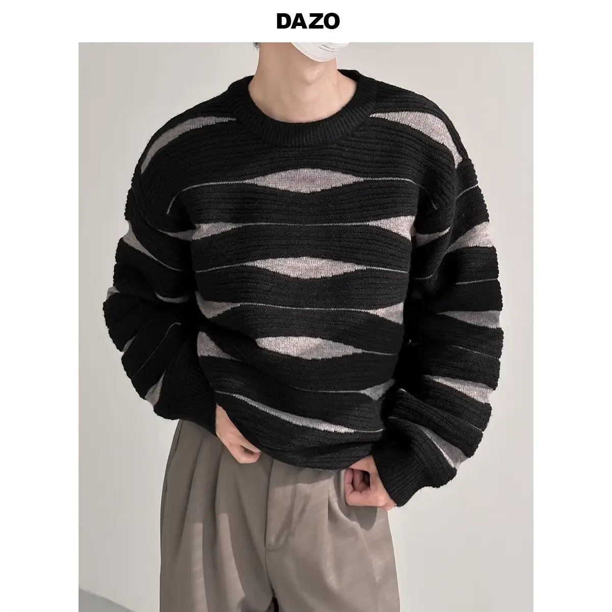 American Lazy Feng Shui Ripple Knitted Sweater for Men and Women Two Tone Splicing Design for Couples