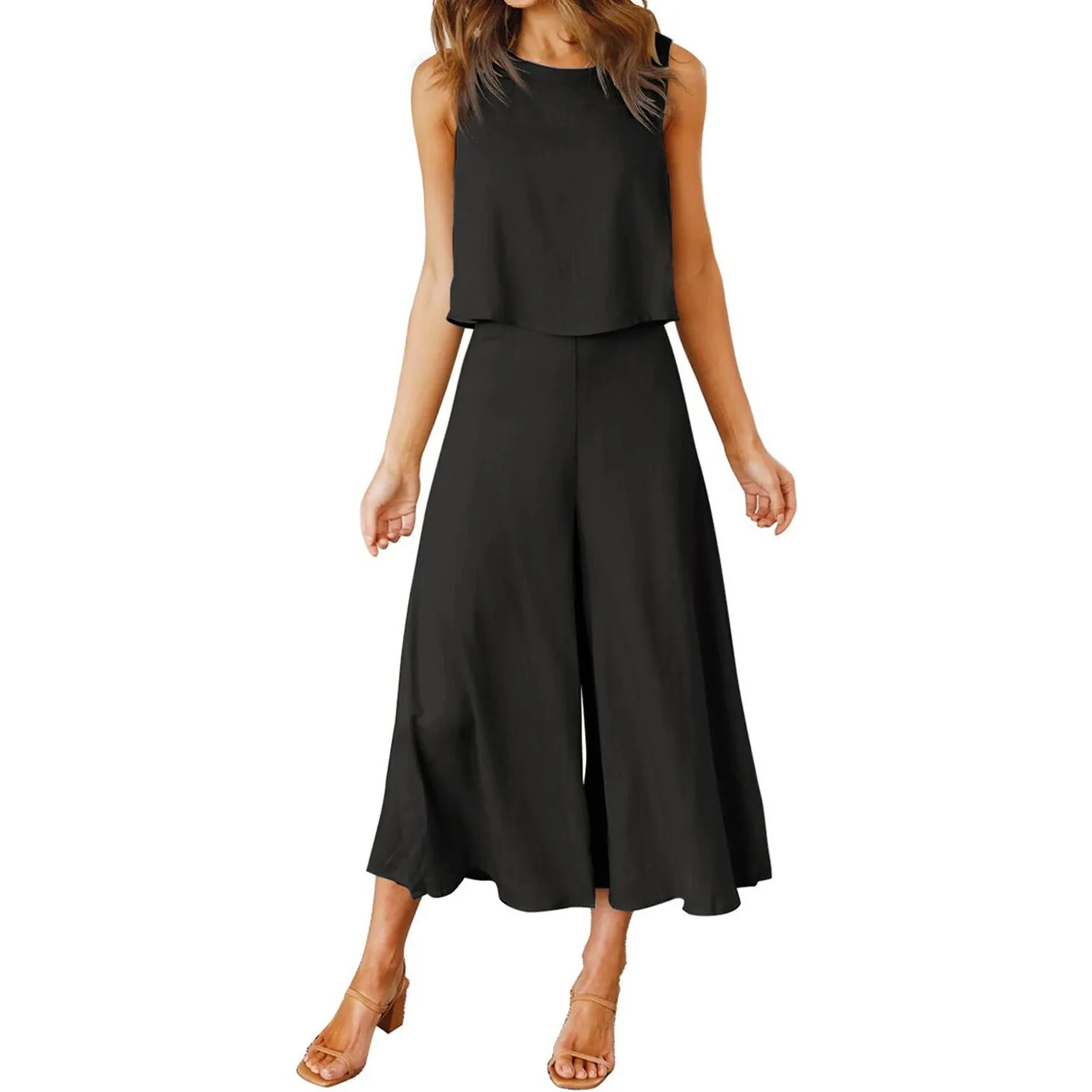 

Women Summer Elegant Temperament Suit Sleeveless Tank Round Neck Short Button Top Loose Wide Leg Pocket Pants Two Piece Suit