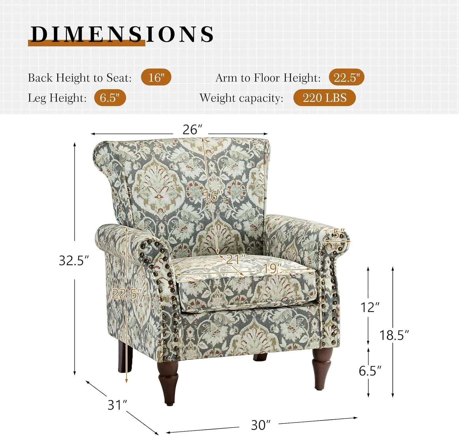 Modern Wingback Accent Chairs Set of 2 with Wood Legs & Removable Cushion, Comfy Upholstered Armchairs with Nailhead Trim, Pine