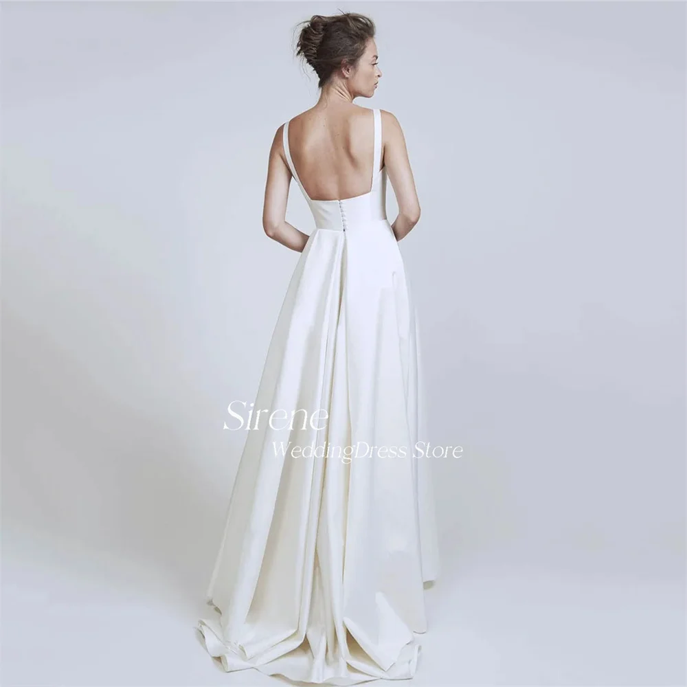 Sirene Simple Spaghetti Straps Satin Wedding Dresses Elegant A-Line Backless Square Collar Sleeveless Floor Length Bridal Gowns