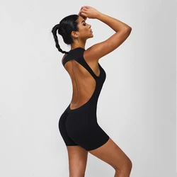 Women Fitness Backless Jumpsuit Sleeveless Gym Running Training Shorts Set Lift Buttocks Padded Jumpsuit