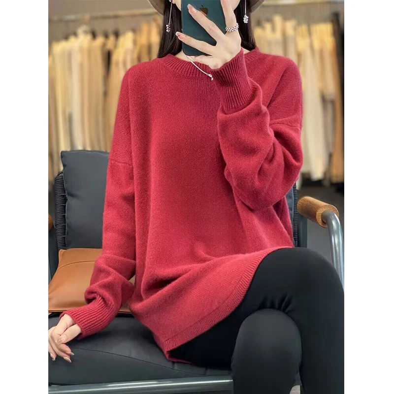 Women\'s Autumn Winter Woolen Sweater Tunics Solid Loose Casual Simple Irregular Knitted Top Pullovers