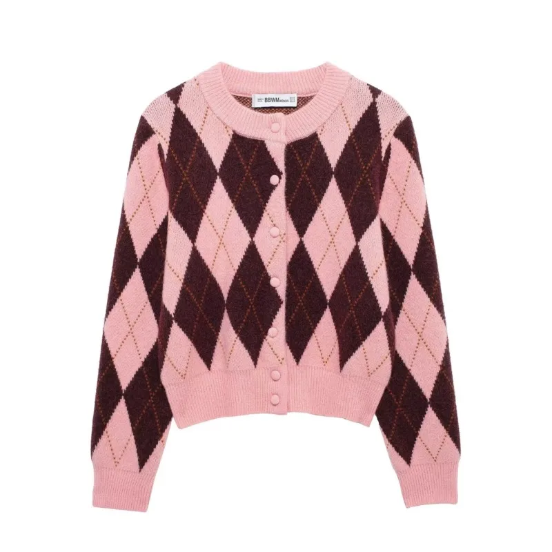 

2025 Autumn/Winter New Women's Warm Round Neck Knitted Casual Cardigan with Diamond Jacquard Pattern and Button Up Design