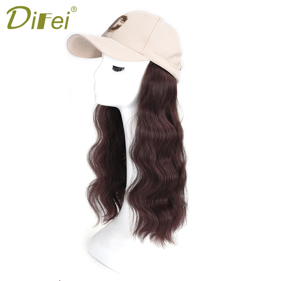 DIFEI-Peluca de cabello sintético para mujer, postizo largo de onda de agua con sombrero de béisbol, ajustable de una pieza, resistente al calor