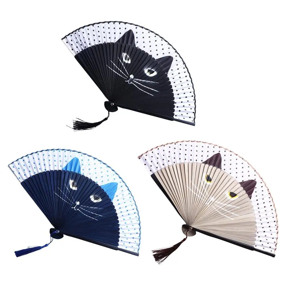 1 pcs Quality Cartoon Summer Gift Handmade Cat Patterns Silk Fan Home Decoration Folding Fan Fan Crafts