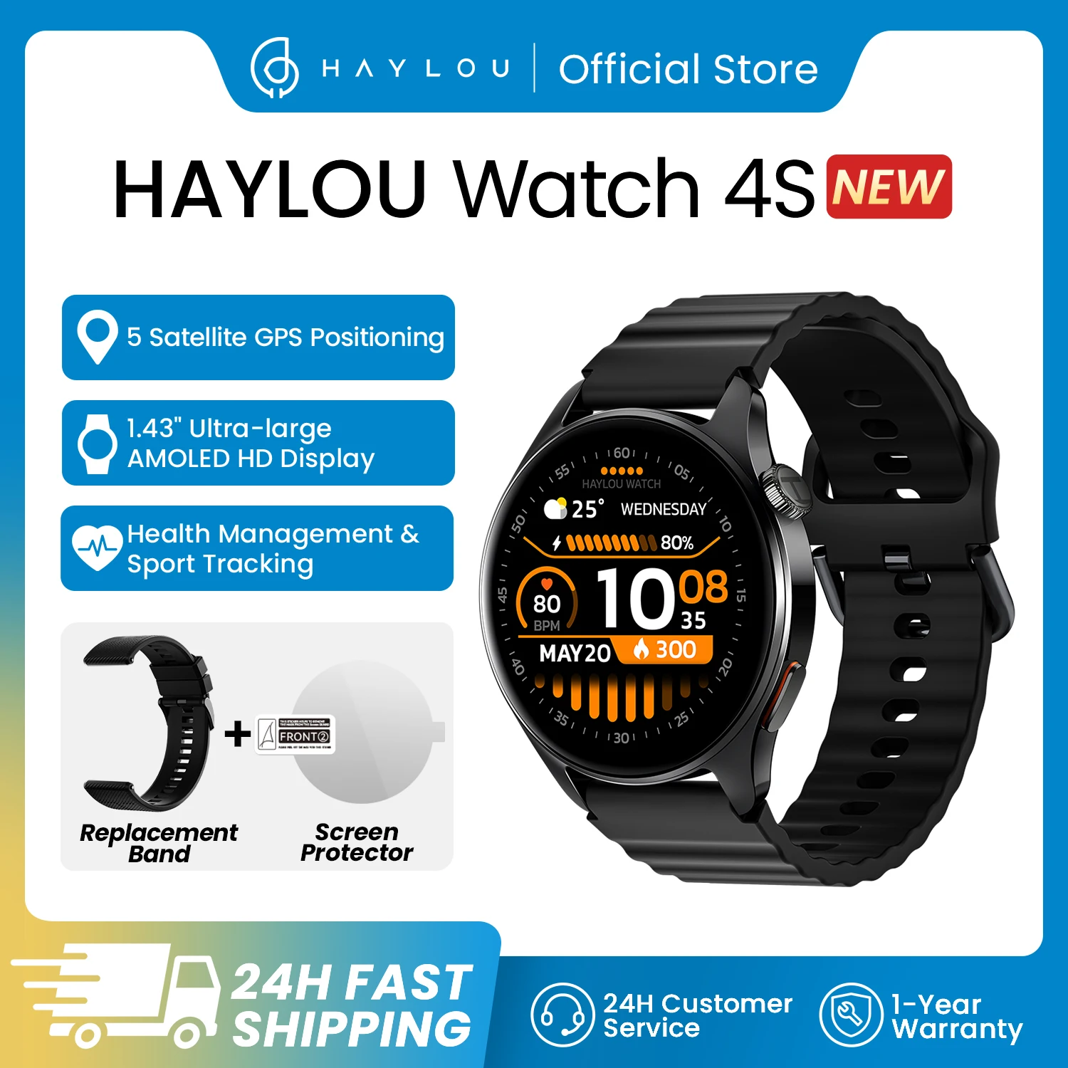 HAYLOU Watch 4S GPS Smartwatch 1.43” HD AMOLED Display 5 Satellite GPS Positioning 120+ Workout Modes Sport Fitness Smart Watch