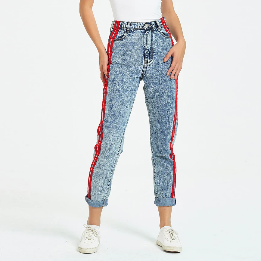 Straight Denim Jeans Women Capri Pants High Quality Side Striped Vintage Cropped Trousers Patchwork Snowflake Blue Boyfriends