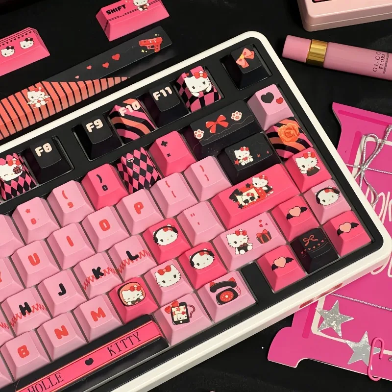 

MOA / CHERRY Height Kawaii Keyscaps for Mechanical Keyboard Pink Black Hello Kitty Theme Keycaps PBT Material Keycap Girls Gift