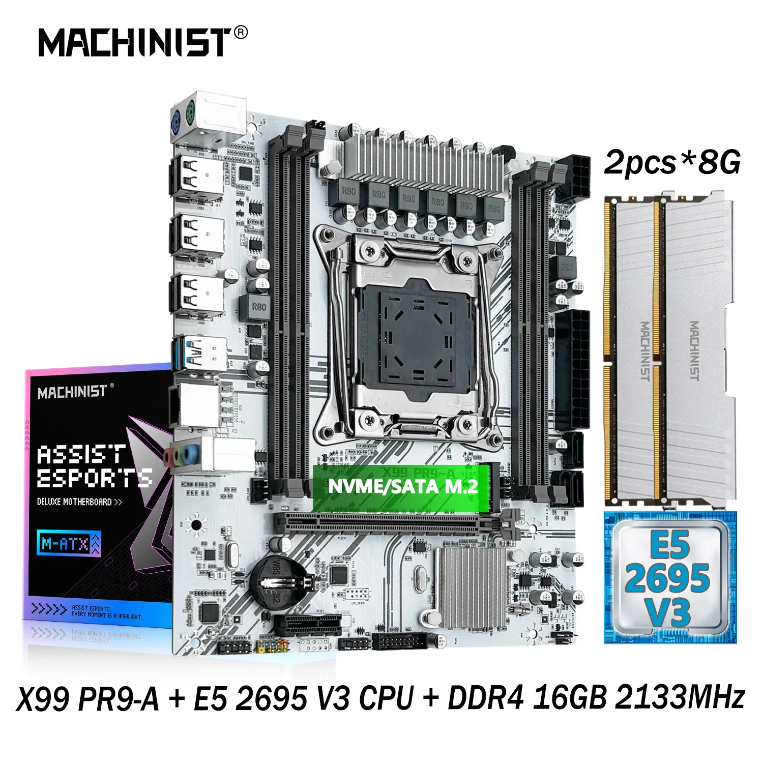 

MACHINIST PR9 X99 Motherboard LGA 2011-3 Set Kit Xeon E5 2695 V3 CPU Processor DDR4 2*8GB ECC RAM Memory Combo SATA NVME M.2