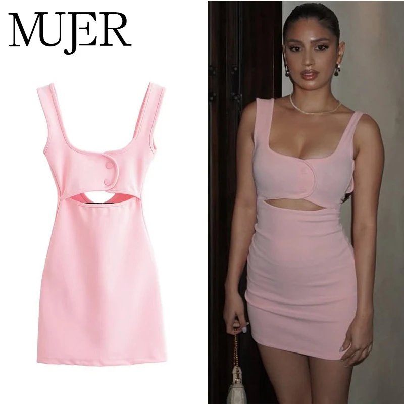 MUJER 2025, Damenkleider, rosa Slip-Minikleid, Damen, Sommer, rückenfrei, kurze Kleider für Damen, aushöhlen, lässige Damenkleider