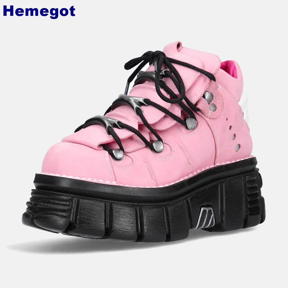 Pink Platform Cyberpunk Rivet Motorcycle Boots ​​new Rock Cool Girl Lace Up Short Boots Fashion Women Street Sports Casual Shoes