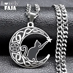 Goth Cat Pentagram Celtic Knot Crescent Necklace Women Stainless Steel Moon Shape Pendant Witch Knots Necklaces Jewelry N7964S03