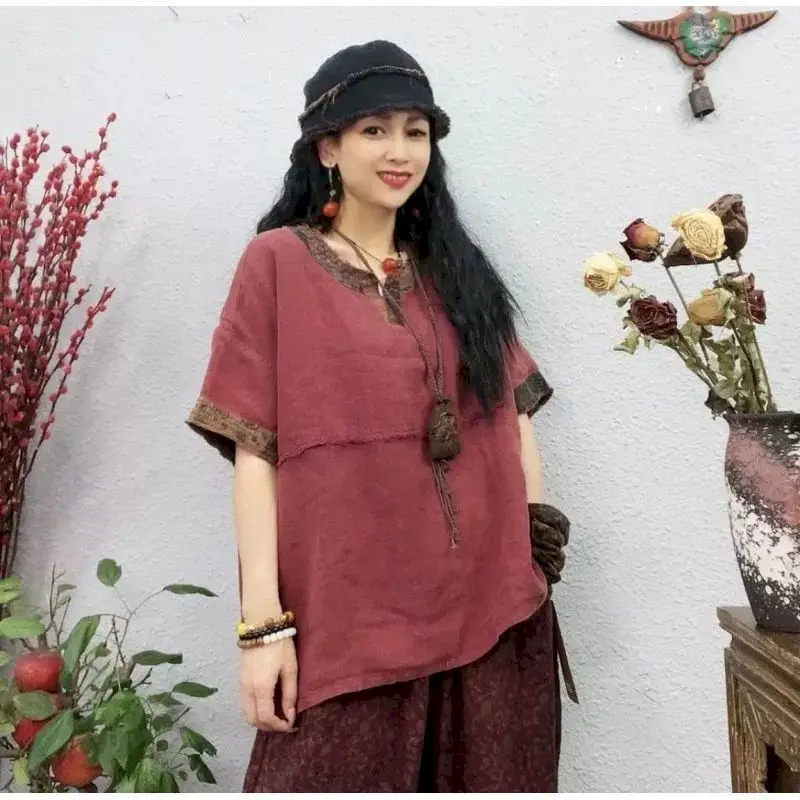 Cotton Linen T Shirt Women Vintage Art Style Loose T-shirt Casual Loose Design Short Sleeve Top Summer Trend V-neck Short Tshirt