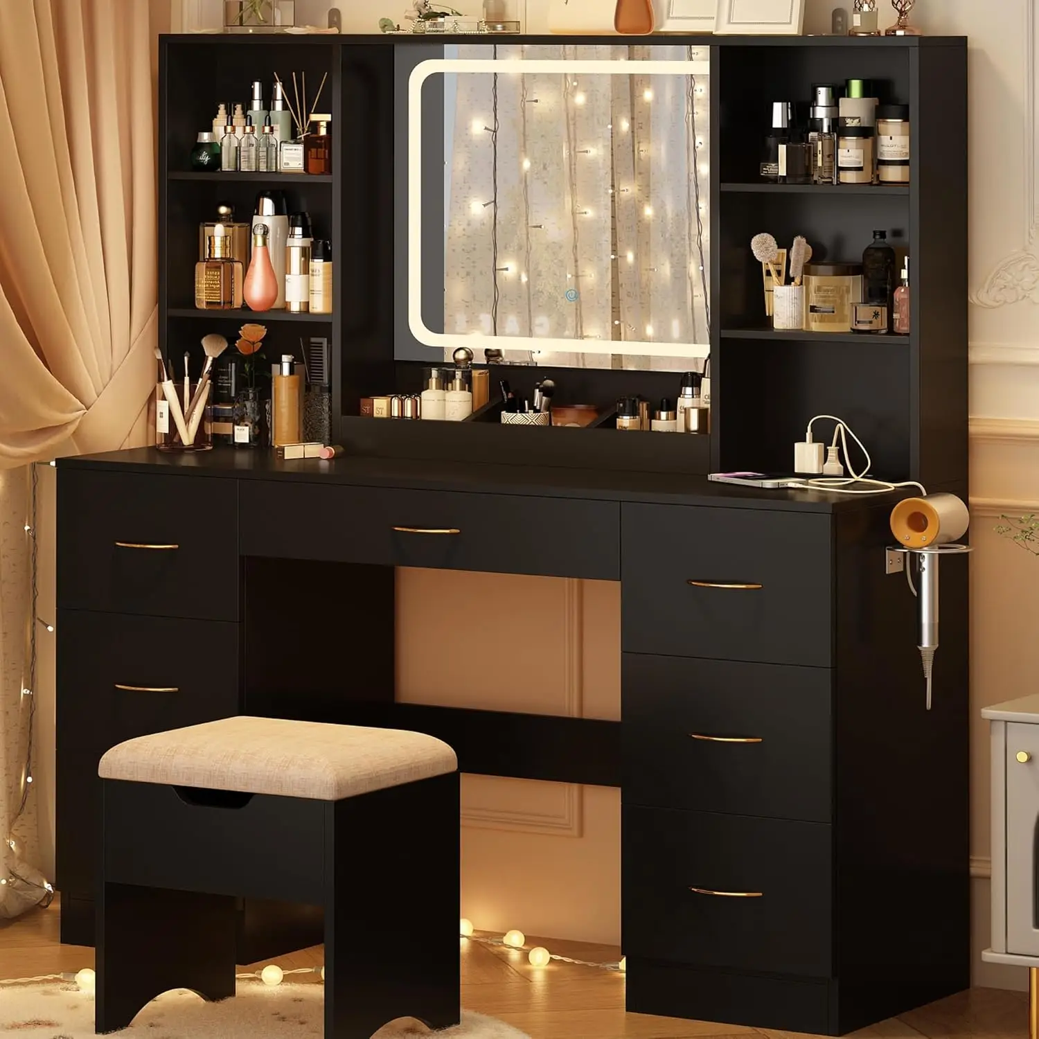 

47' Large Vanity Desk with Mirror and Lights, LED Black Vanity Set with Stool and Power Outlet