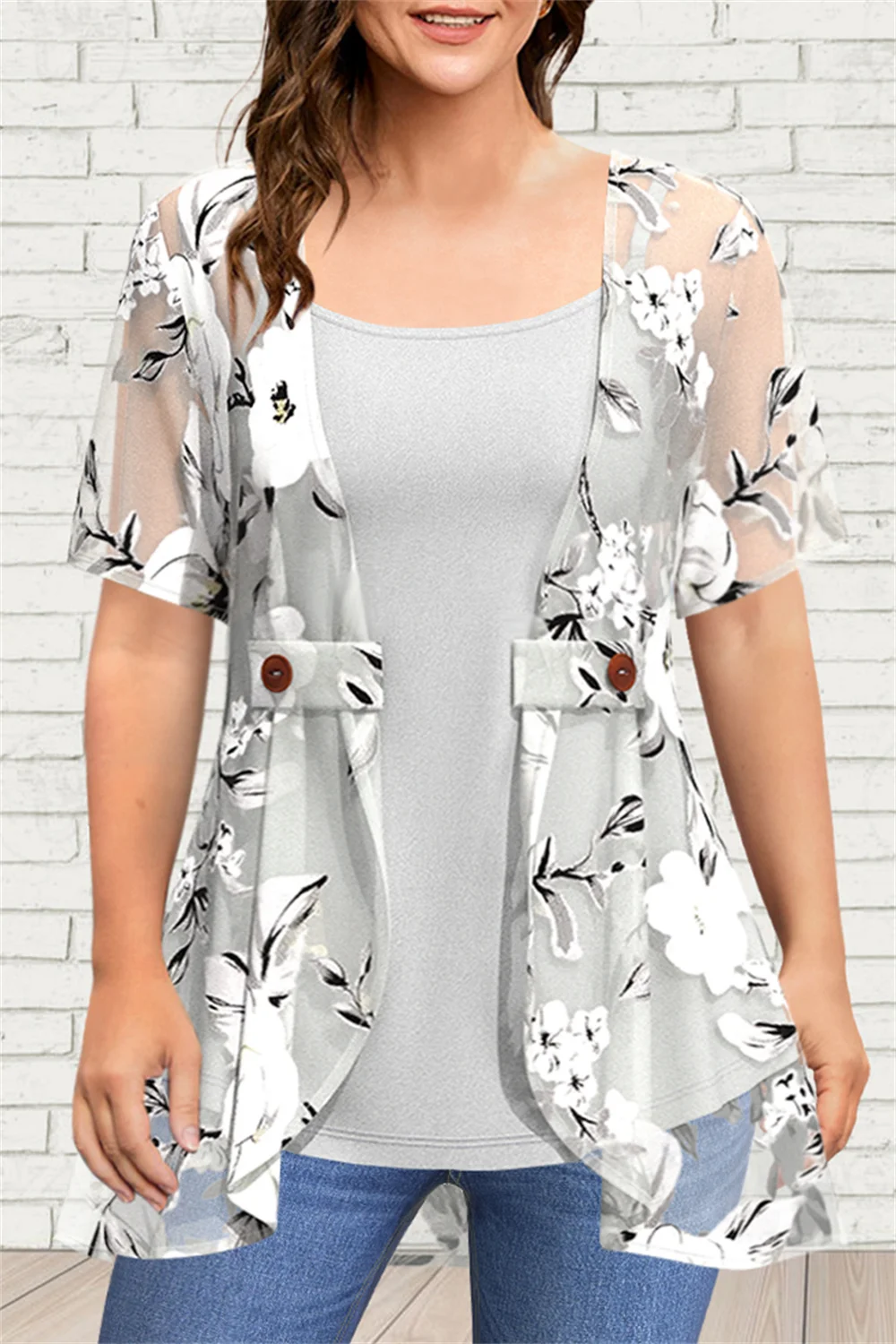 Flycurvy Plus Size Casual Grey Chiffon Floral Print Fake Two Pieces Blouse