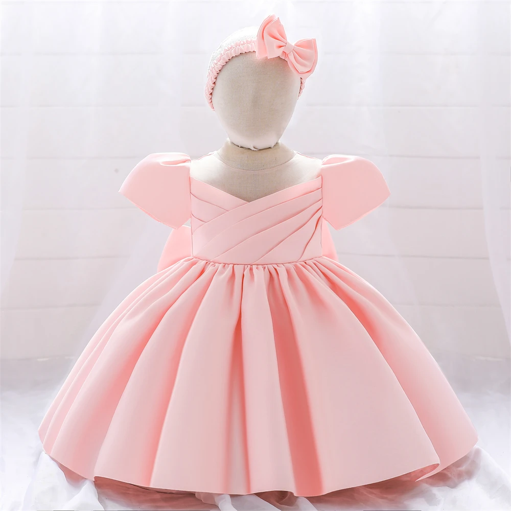 Toddler Bow White Baby Girls Dress Newborn Baptism 1 Year Birthday Princess Dresses for Girl Communion Wedding Short Sleeve Gown