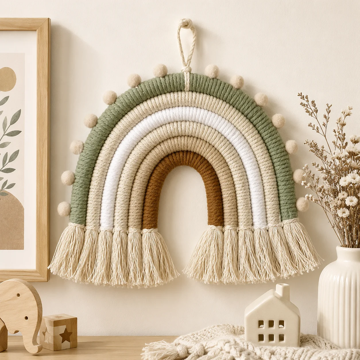 Boho Macrame Rainbow Wall Hanging With Pom‑poms Tassel Handmade Woven Wall Ornament Kids Nursery Bedroom Home Decor