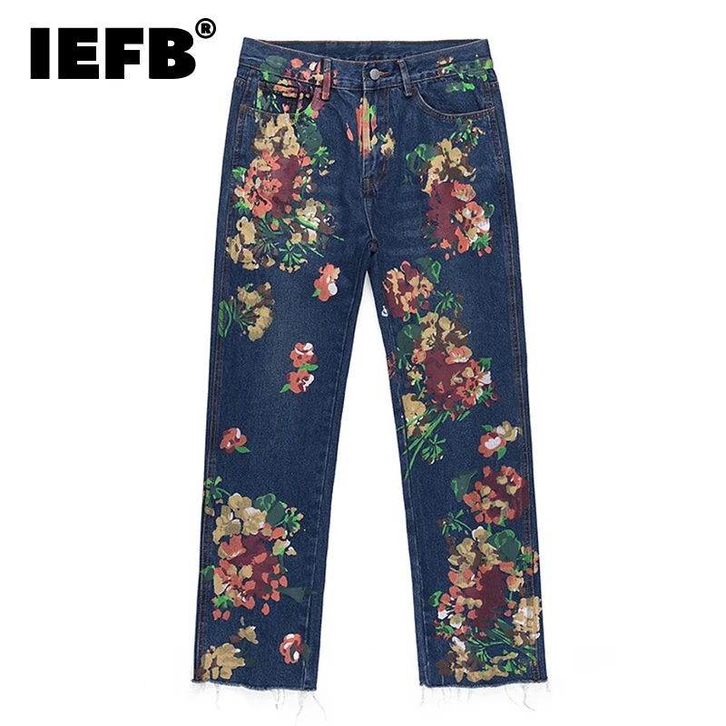 IEFB High Street Ink Splash Flower Pattern Veinge Denim Jeans 2023 New Casual Raw Cut Long Pants Niche Design Trousers 9A1183