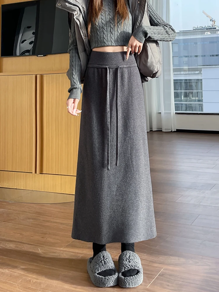 

Thiened High Waist Knitted Skirt Women's Autumn Winter Faion Design f-length Slimming Mid-length Busin Casual Skirt