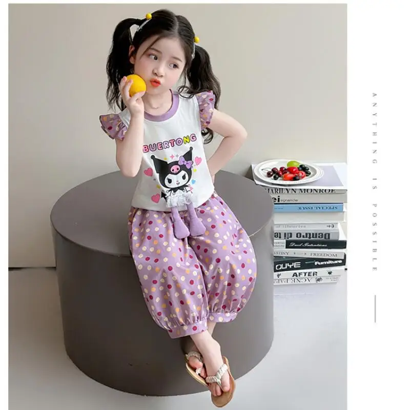 

Children's Lace T-Shirt Straight Pants Suit Girls Summer New Short-Sleeved Wide-Leg Pants Short-Sleeved Fashion Two-Piece Set
