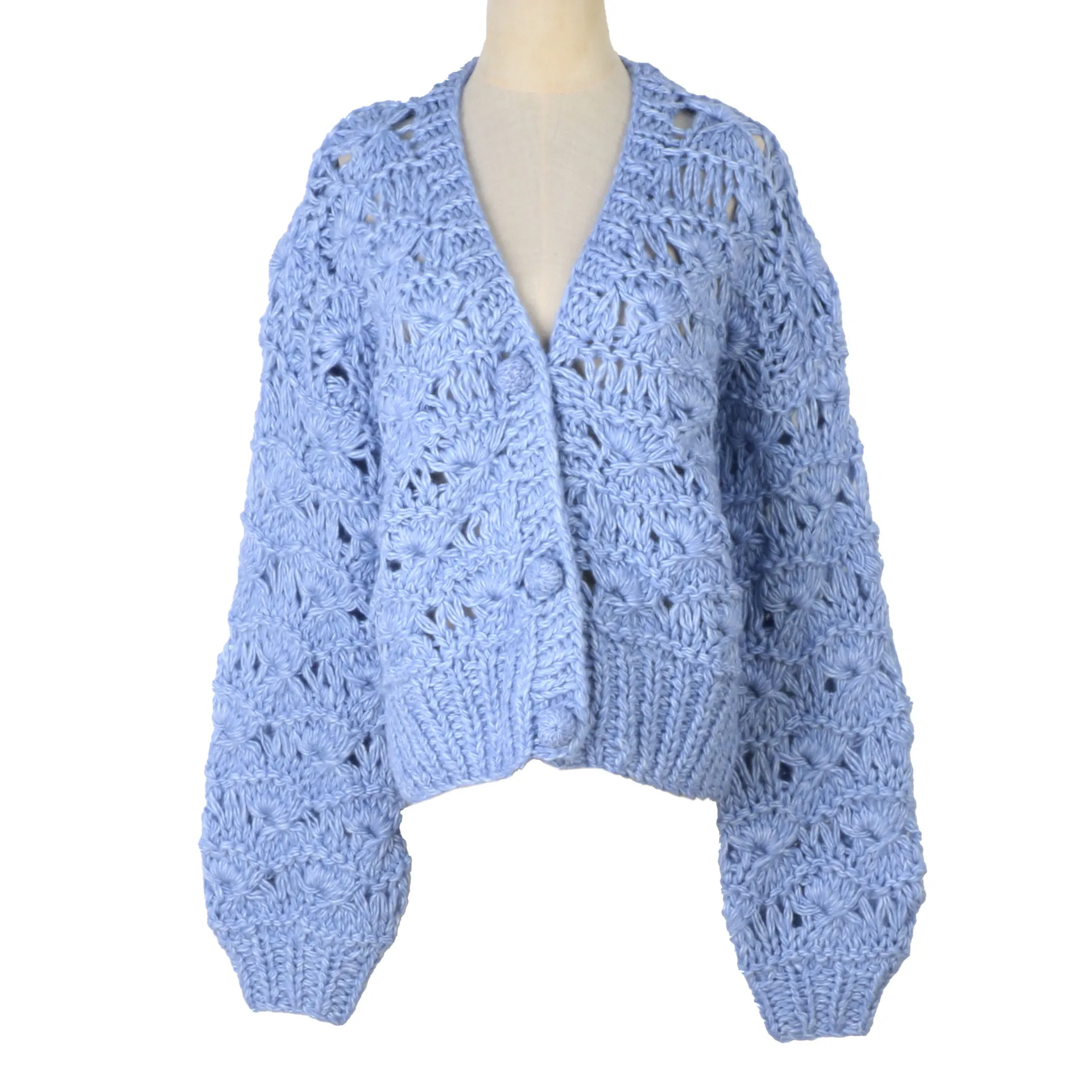 

Blue Sweater Cardigan Top Hand-crocheted V-neck Hollow Loose Casual Warm Thick Autumn And Winter New Knit Sweater Jacket Coat