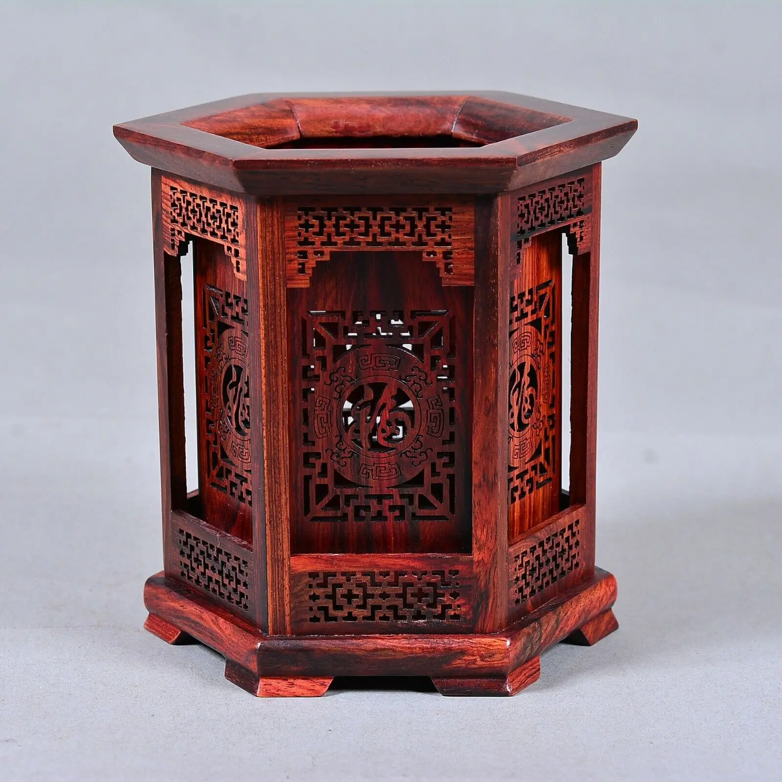 China Red suanzhi  Wood carving Flower Pattern Pen Container Brush Pot Pencil Va