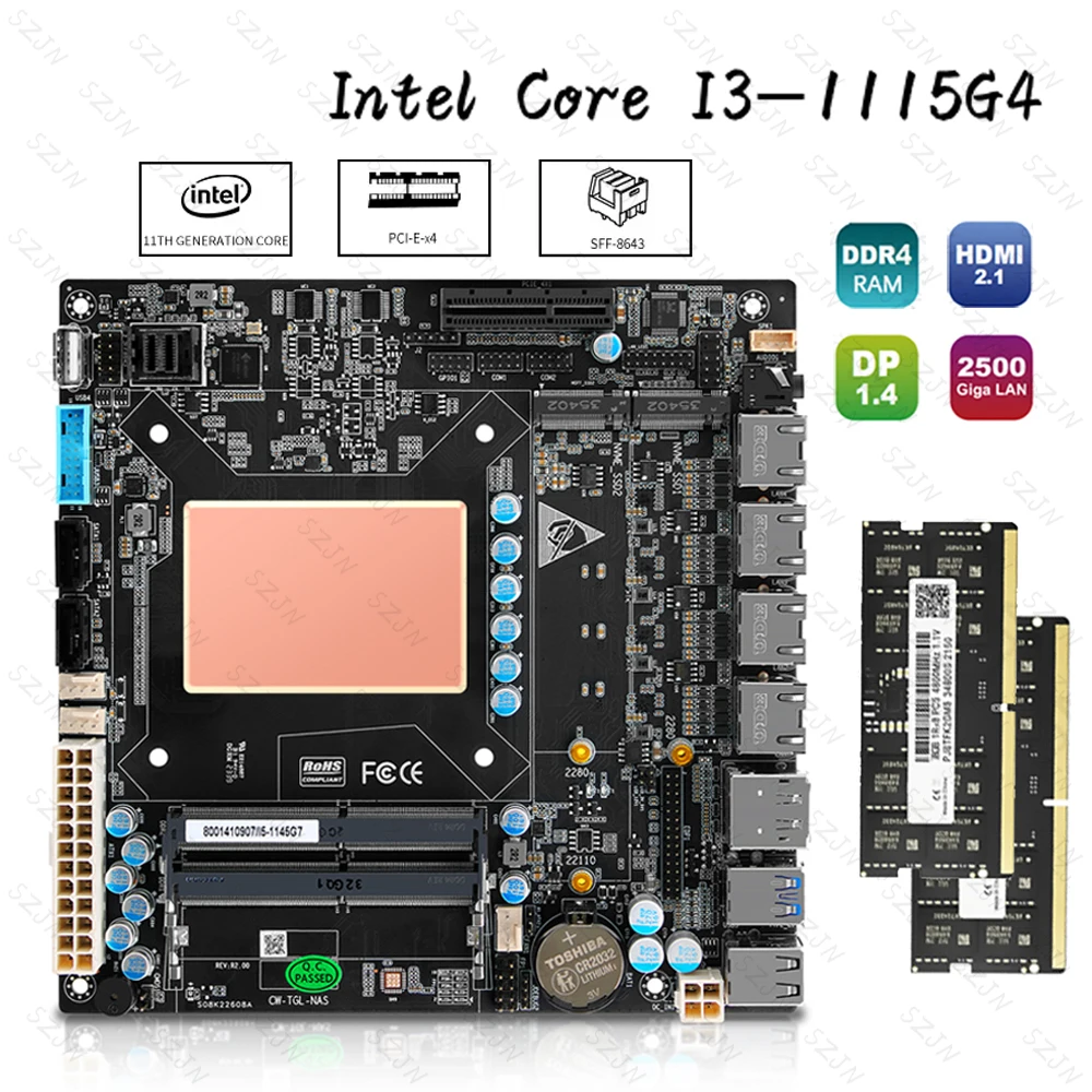 Intel Core I3 Kit Nas Motherboard ITX i3-1115G4 DDR4 32GB(2x16GB) 3200MHz 4x i226 2.5G 6xSATA 2xM.2 NVMe PCIEx4 Firewall Board