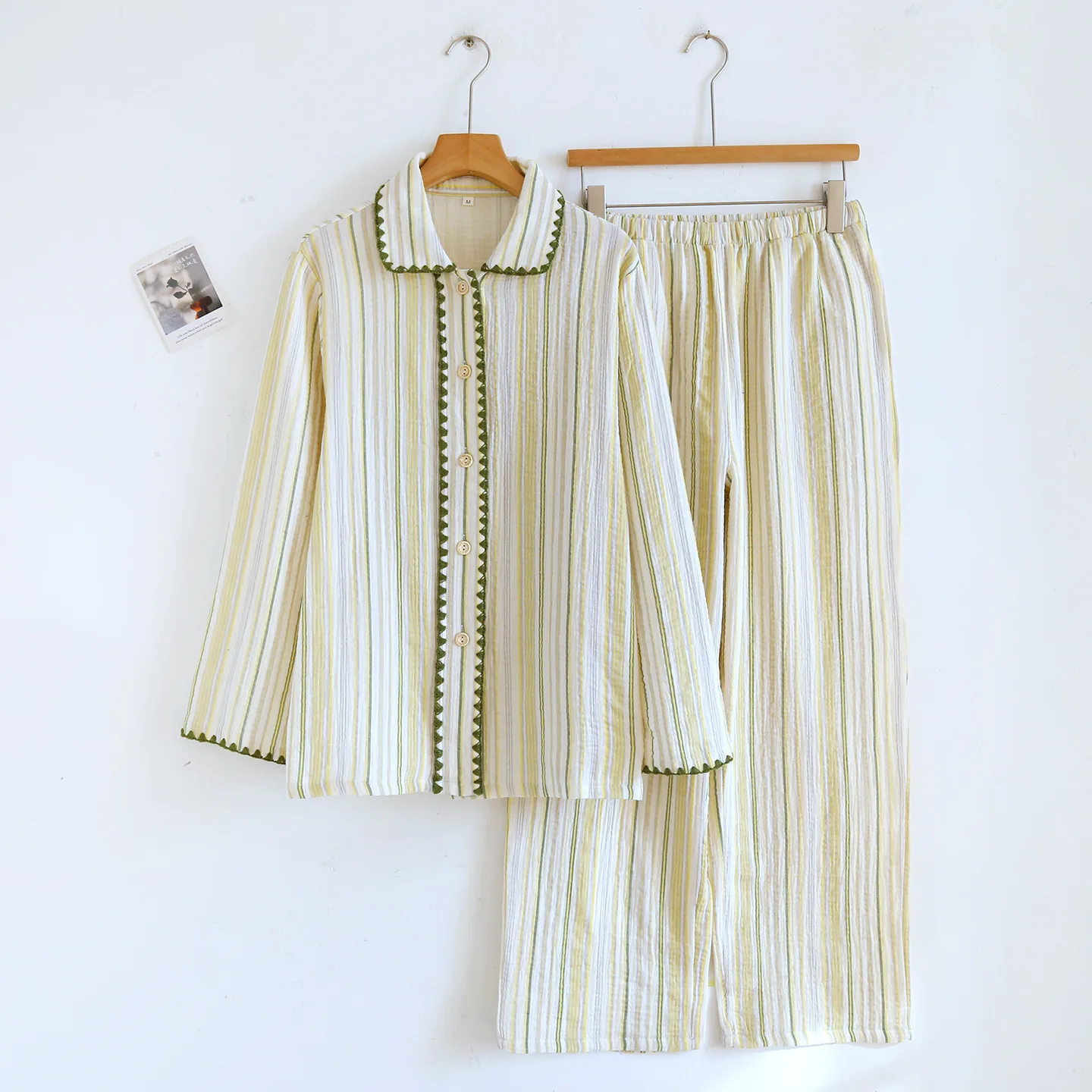 Summer Women's Pajama Set Embroidery Cotton Striped Long Sleeve Shirt Pants Large Home Clothes Two Piece Set