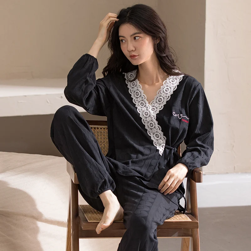

New Autumn Winter 100%Cotton Women Pajamas Set Long Sleeve Turn-down Collar Cardigan Sleepwear Sweet Casual Soft Female Homewear